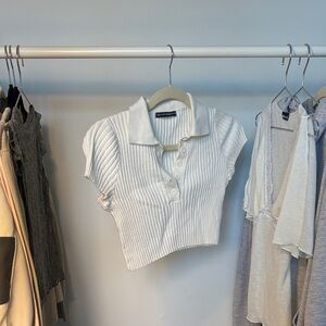 Brandy Melville White Ribbed Polo Crop Top
